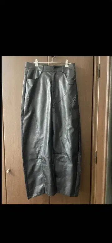 블랙 가죽 와이드 팬츠 남성용