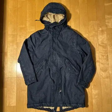 데님 보아 모즈 코트 롱 기장 후드 부착 방한 구제 의류