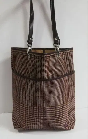 랄프 로렌 가죽 캔버스 체크 무늬 토트백 브라운 계열