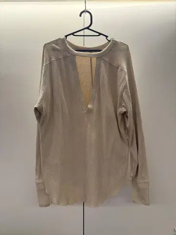 CLANE 화이트 베이지 V넥 리브 긴팔 상의