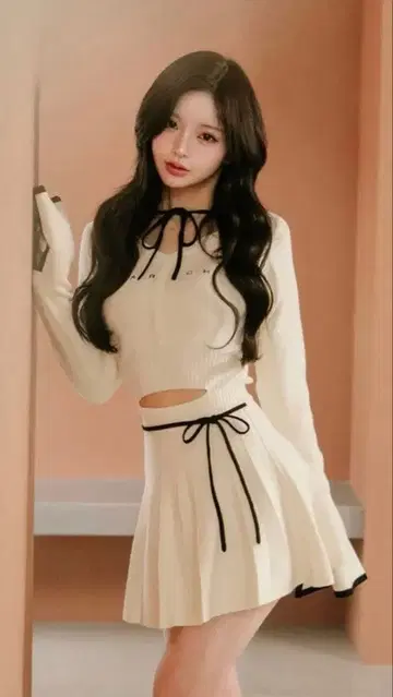 darich 허리 오픈 리본 디자인 니트 미니 원피스