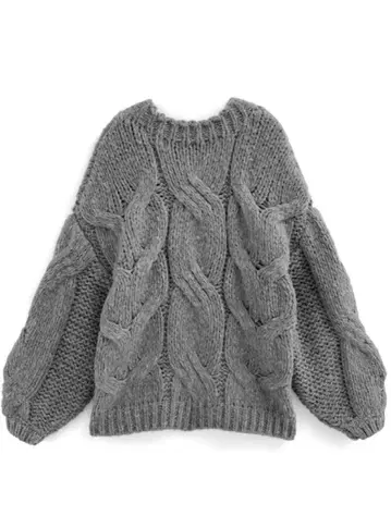 오버 사이즈 케이블 니트 스웨터 그레이