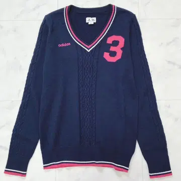 아디다스 V넥 니트 케이블 M 골프웨어 네이비 핑크