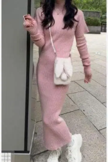 암워머 부착 니트 원피스 dr569 핑크