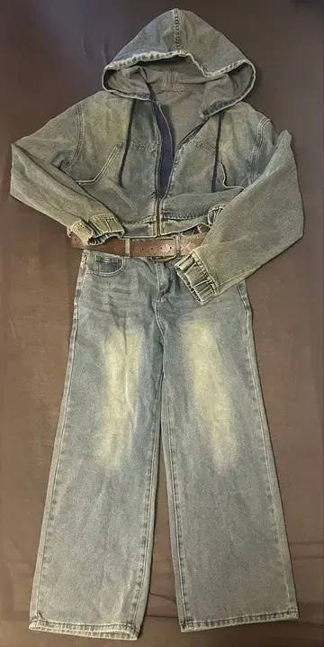 후드 부착 블루 데님 자켓 데님 팬츠 셋업 여성용