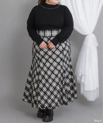 유메텐보 라메 트위드 체크 머메이드 스커트 블랙 4L