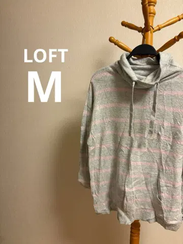 LOFT 후드 부착 긴팔 니트 (M) 그레이와 핑크 스트라이프
