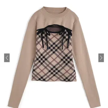 체크 무늬 프론트 오픈 리본 니트탑[ru1374]