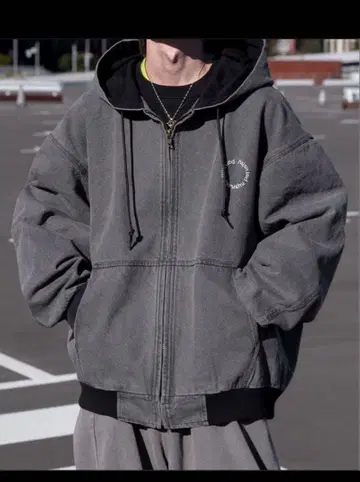 Perushu 빈티지 가공 덕 후드 블루종