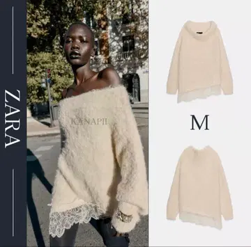 ZARA 레이스 콤비 니트 스웨터 M 에크루 새상품