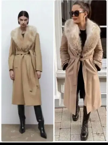 ZARA MANTECO 롱 코트 베이지 퍼 포함 롱 코트