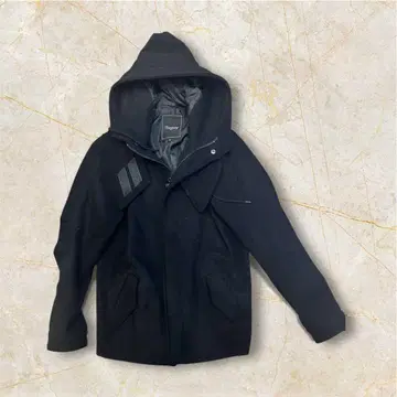 블랙 울 코트 후드 부착