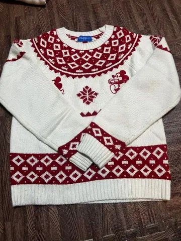 미키 패턴 니트 스웨터 긴팔 화이트/레드 크리스마스 공식