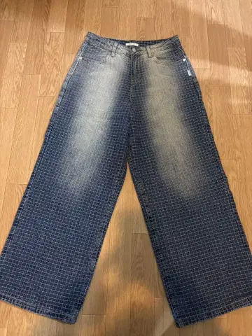 체크 무늬 데님 와이드 팬츠