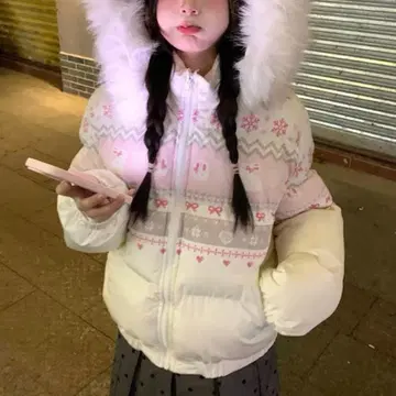 아우터 다운 자켓 핑크 화이트 퍼 후드 귀여운 가을/겨울