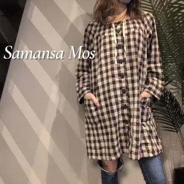 SamanthaMos2 체크 무늬 코튼 린넨 스탠드 넥 튜닉 원피스