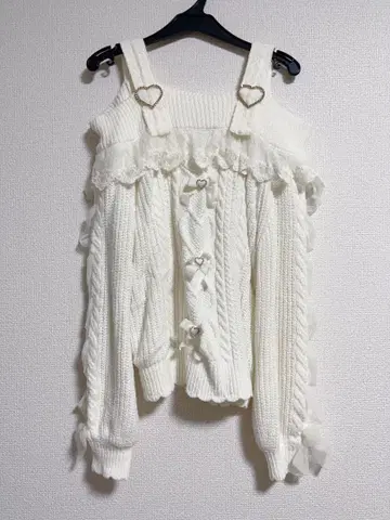 LIZ LISA 레이스업 슬리브 오프숄더 니트 화이트