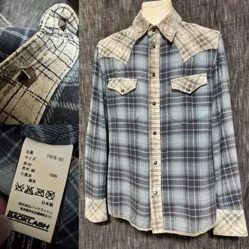 ISAMU KATAYAMA BACKLASH 가죽 절개 체크 셔츠 파랑