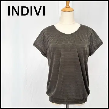 [새상품급] 인디비 반팔 블라우스 상의 라메 보더 무늬 카키 M