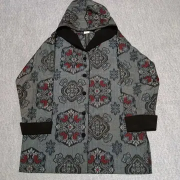 오시마 명주 후드 부착 코트 라이트 - 기모노 리메이크 - 핸드메이드