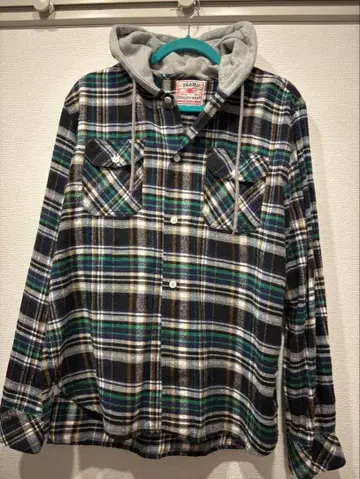 BEAMS 체크 무늬 플란넬 셔츠 L 사이즈 후드 부착