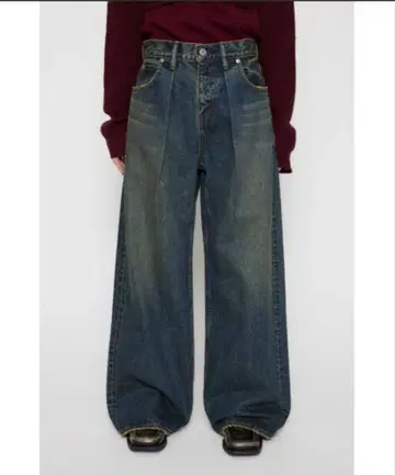 다크 블루 플리츠 와이드 레그 데님