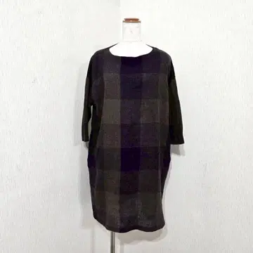 ichi 울 체크 무늬 원피스 일본제 롱 기장 7부 소매 내추럴