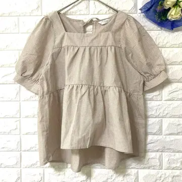 Hudson honey 여성용 상의 체크 벌룬 소매 코튼