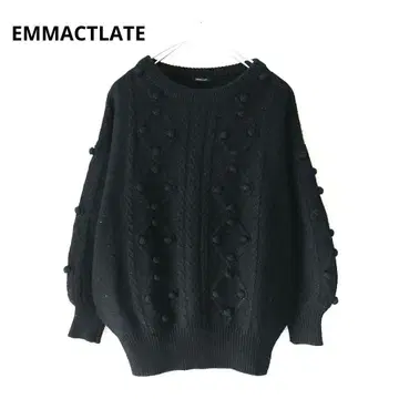 에마큐레이트 폼폼 니트 크루넥 케이블 울 혼방 블랙 M