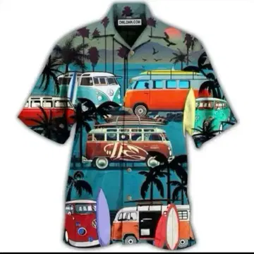 폭스바겐 버스 타입 2 서핑 야자수 패턴 하와이안 셔츠 캘룩