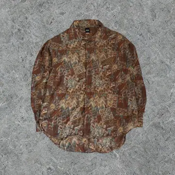 올 패턴 에스닉 시어 셔츠 브라운 오버 사이즈 긴팔 캐주얼