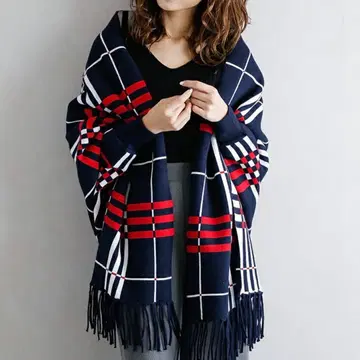 새상품급 리버서블 체크 무늬 프린지 숄 네이비 레드