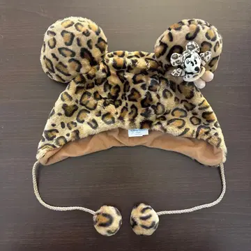 미니 마우스 마스코트 부착 팬캡 레오파드 무늬 퍼 디즈니