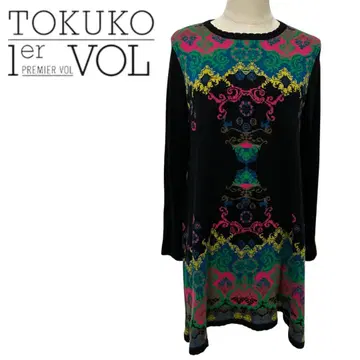 TOKUKO 컬러풀 무늬 긴팔 튜닉 니트 원피스 9호 쇼와 레트로