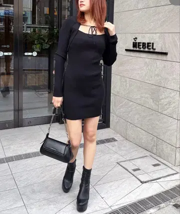 spiralgirl 스퀘어넥 리본 디자인 원피스 블랙