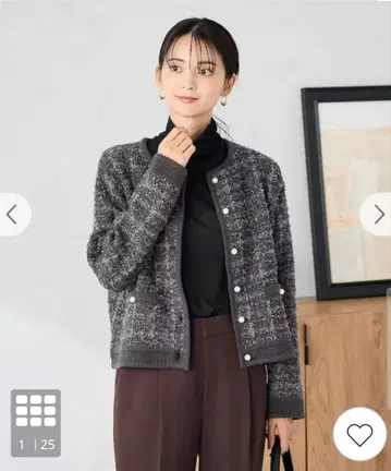 a.v.v 펄 버튼 트위드 니트 가디건 다크 그레이