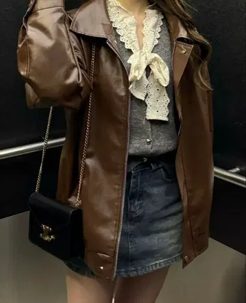 브라운 합성 피혁 오버 사이즈 자켓