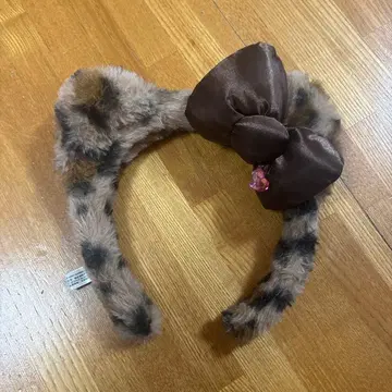 키티 레오파드 무늬 퍼 리본 머리띠