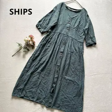 쉽스 그린 7부 소매 셔츠 롱 원피스 V넥 마 혼방 린넨