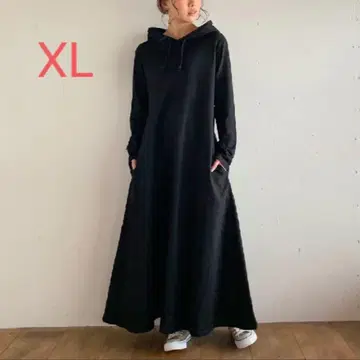 코튼 100% A라인 맥시 길이 후드티 원피스 블랙 XL 사이즈