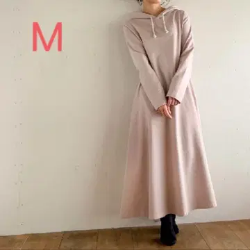 코튼 100% A라인 맥시 길이 후드티 원피스 핑크 베이지 M