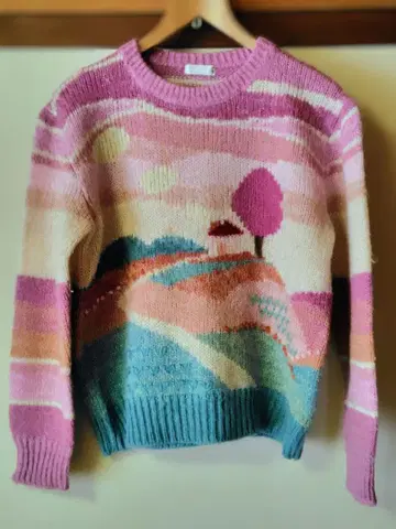 Novara 풍경 패턴 니트 스웨터 긴팔 핑크 고품질