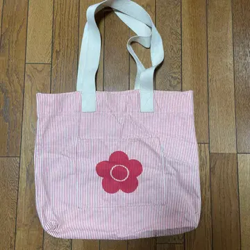 마리콴트 꽃 모티브 빨간색과 화이트 스트라이프 토트백