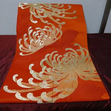 나고야 오비 금실 난국 꽃 무늬 오렌지 시치츠 부착