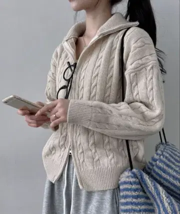 VIVID LADY 더블 지퍼 케이블 니트 가디건