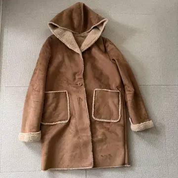 새상품급 시마무라 여성용 카멜 베이지 후드 부착 무스탕 코트