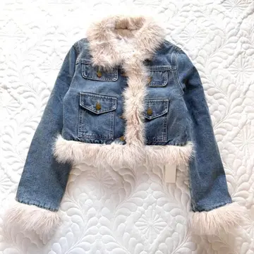 미사용 00s 헤이세이 갸루 프론트 퍼 데님 자켓 스카이블루