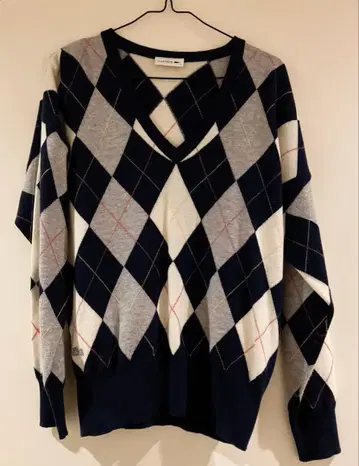 라코스테 아가일 체크 V넥 스웨터