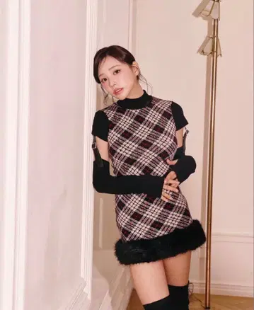 randy 벨티드 격자 무늬 퍼 미니 원피스 원피스