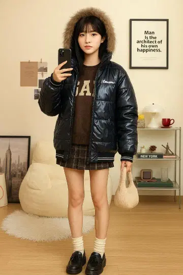 시크 스타일 컨버스 패딩 자켓 후드 퍼 리브 와펜 블랙